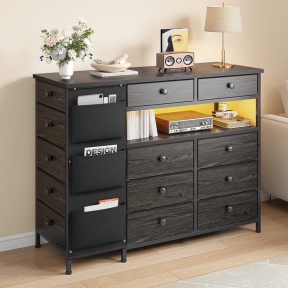 EnHomee Dresser for Bedroom with 13 Drawers and LED Lights Black Dressers & Chests of Drawers Fabric Dresser for Closet,43.3"L x 11.8"W x 40.2"H