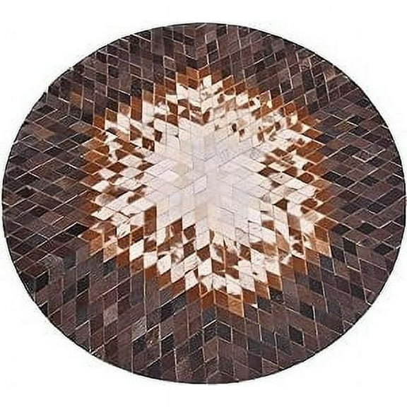 Round Cowhide Leather Area Rug 3x3 ft | Artisan-Made Starburst Design | Modern Western Living Room & Home Decor