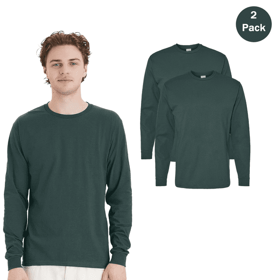 Hanes Essential-T Long Sleeve T-Shirt, Men's Comfortable Crew Neck Athletic Dark Green Tee 2-Pack S