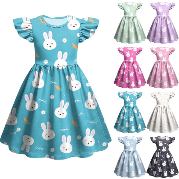 Girls Easter Dress Bunny Egg Printed Short Sleeve Crewneck Casual Sundress Light Green 130