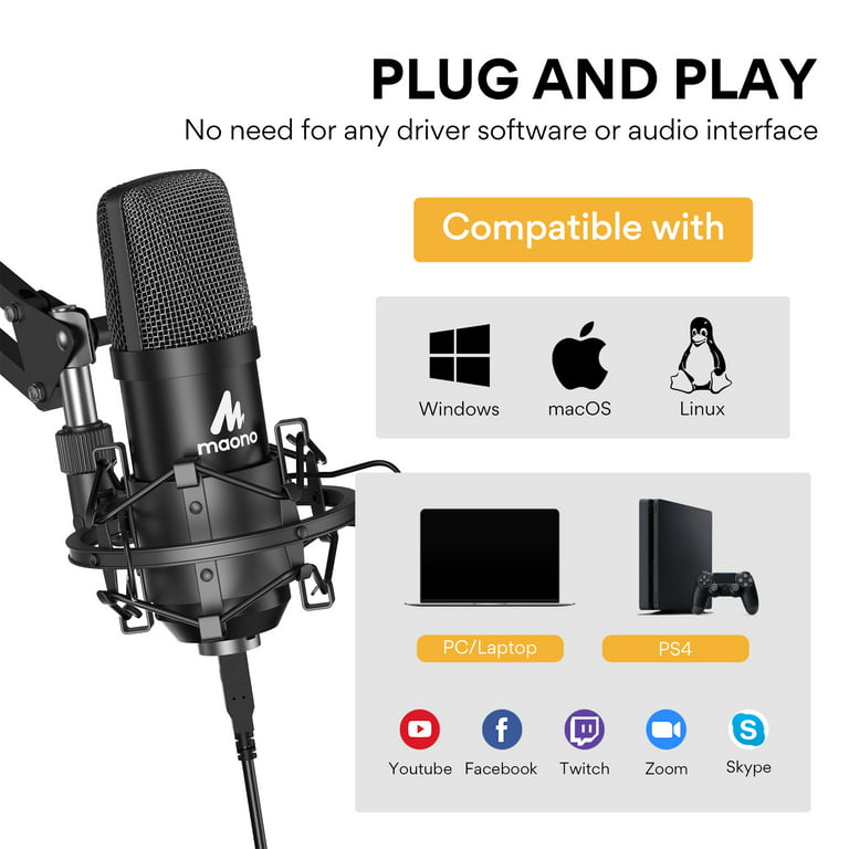 MAONO Kit de micrófono USB 192KHZ/24BIT AU-A04T PC condensador podcast  streaming cardioide Mic Plug & Play para computadora, , grabación de