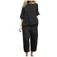 thumbnail image 2 of Linen Tops and Pants Set Women 2 Piece Loose Lounge Outfits Drop Shoulder 3/4 Sleeve T-shirt Pockets Wide Leg Trousers (3XL, Black), 2 of 7