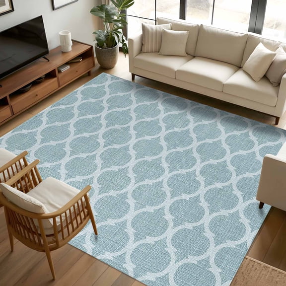 8x10 Area Rugs, Blue Moroccan Non-Skid Rubber Backing Large Rectangle Rugs - Living Room Bedroom Home Office, Retro Country Geometric Quatrefoil Plaid Indoor Floor Mat Carpets Washable Rug