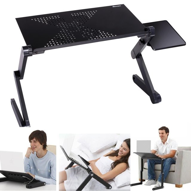 Portable Laptop Table Stand with Mouse Board Cooling Fan Pad Fully Adjustable-Light Weight Aluminum-Black Bed Tray Desk Book HPPY