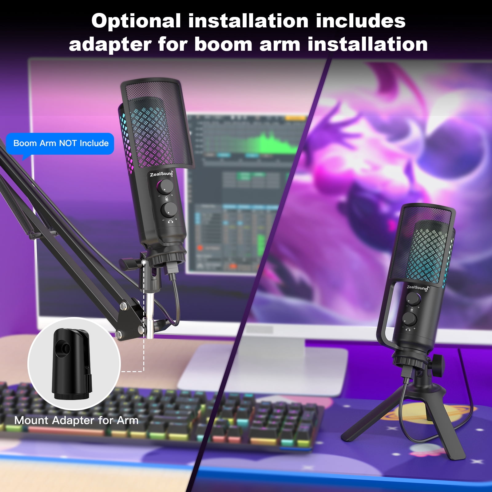 ZealSound Podcast Microphone for PC/Mac/iPhone/Phone – 96kHz/24bit USB Condenser Mic with Noise Reduction, Tap-to-Mute, Gain Control, Zero-Latency Monitor, RGB Light for Streaming, Gaming, Recording