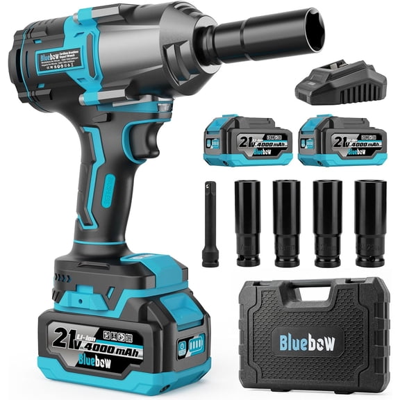 Bluebow 21V 1/2 Inch Cordless Impact Wrench 737Ft-lbs 1000N·m Brushless High Torque Electric Impact Gun Kit 2 x 4.0Ah Batteries Fast Charger Impact Wrench Llave de Impacto Pistola de Impacto
