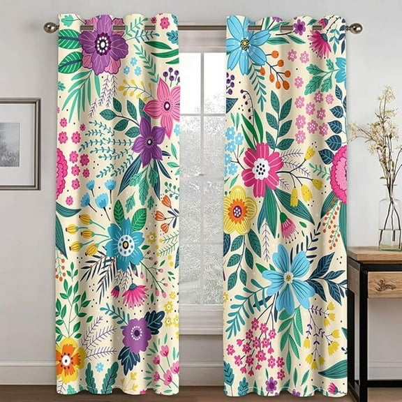 Flower Blackout Curtains, Colorful Curtains For Living Room Bedroom Window Drapes, Flower Theme Thermal Insulated Grommet Window Treatments 26"W x 63"L (Pack of 2)