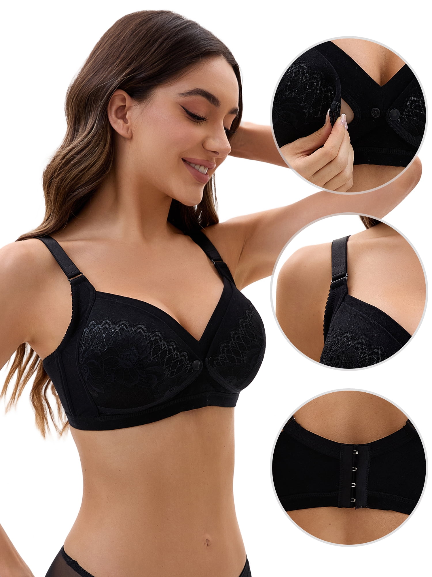 Unique Bargains Lace Front Closure Pumping Maternity Bra C 38 Black