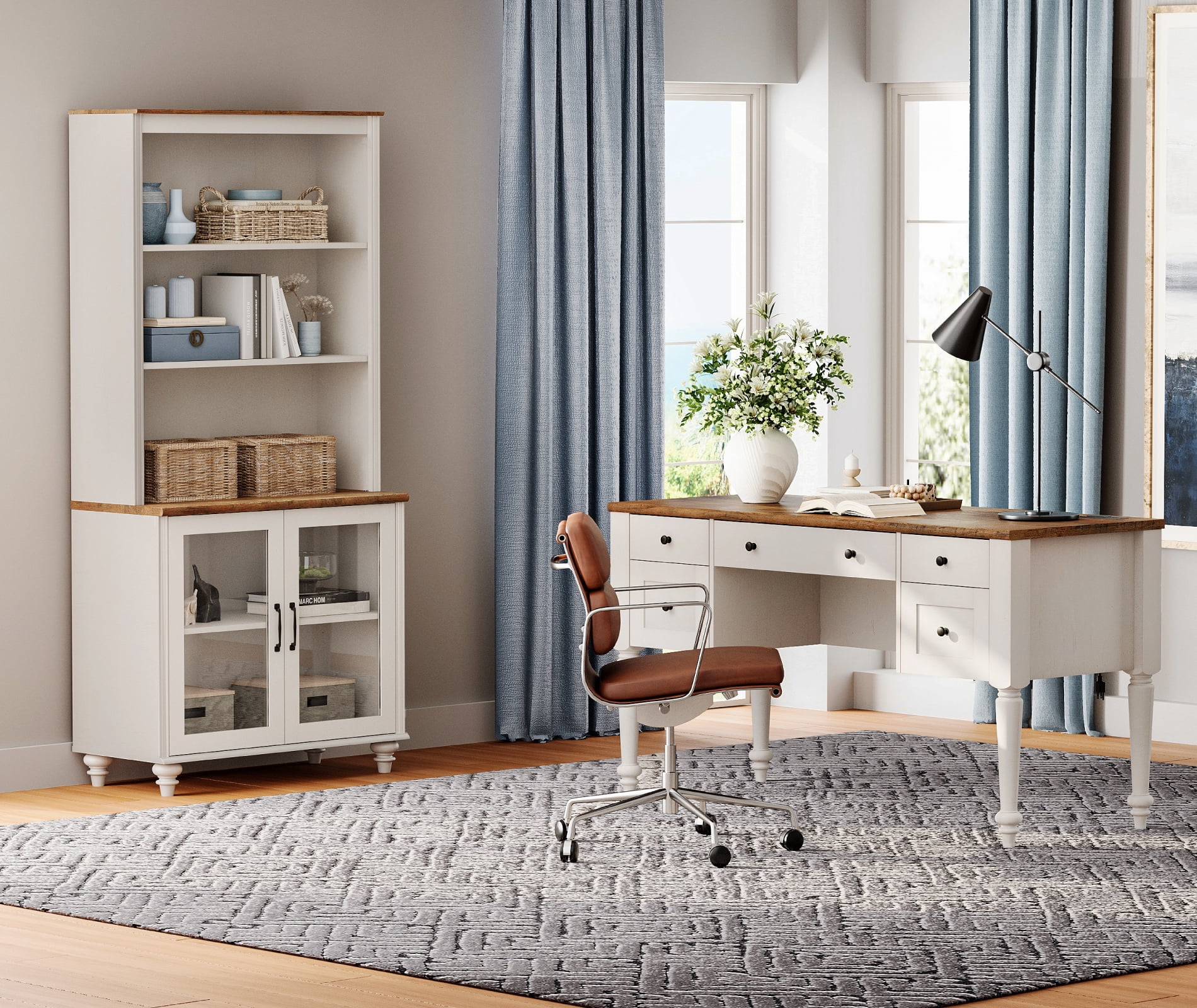 White Home Office Furniture Set, 56" Executive Desk with Charging Station, 72" Tall Bookcase with 2 Glass Doors, Wood Computer Desk with File Cabinet Storage, Open Shelf