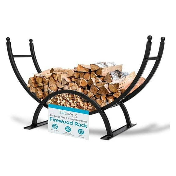 50in Firewood Rack for Outdoor or Indoor Use | Fire Wood Log Storage Holder | Black Elevated Curved Design | Kindling Under Rack