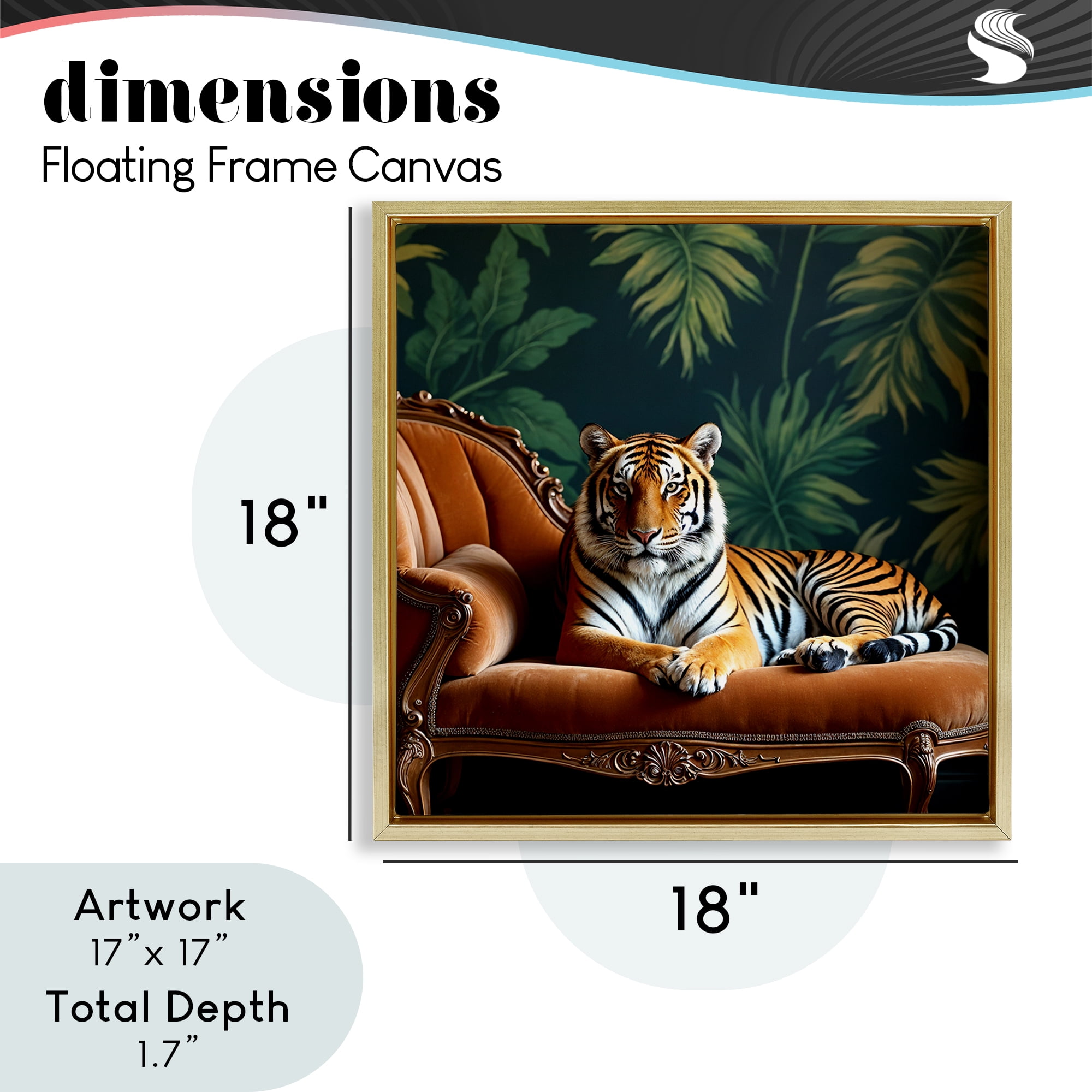 Tiger Lounging on Chaise Gold Framed Floater Canvas Wall Art, design by Lettered and Lined