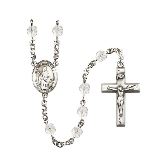 St. Amelia Silver-Plated Rosary 6mm April Crystal Fire Polished Beads Crucifix Size 1 3/8 x 3/4 medal charm