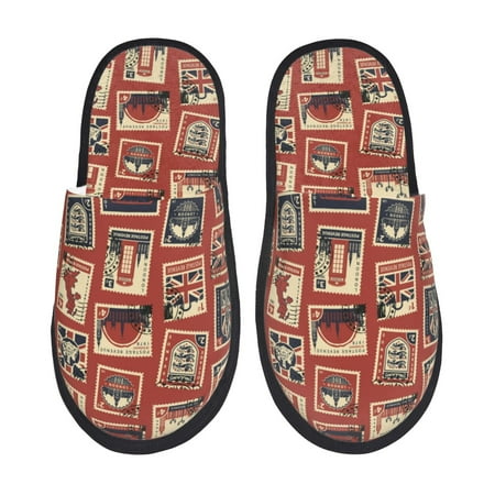 

House Slippers for Women and Men England Stamp Pattern Comfy Fuzzy Bedroom Slippers Furry Home Shoes for Indoor Outdoor