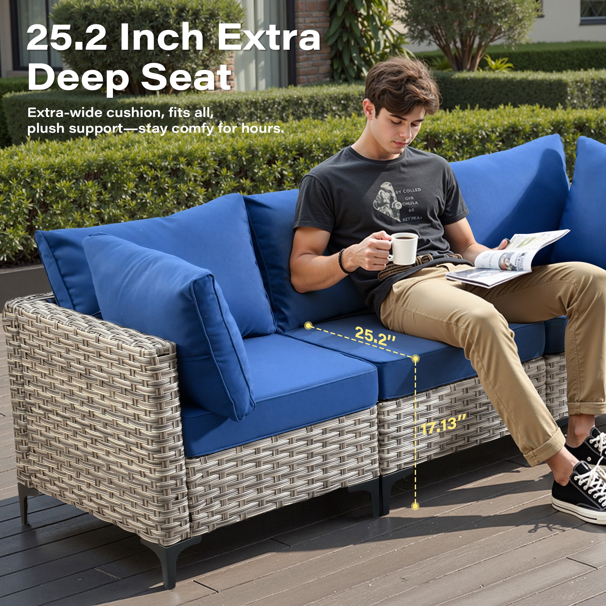 Toject Patio Furniture 8 Pieces All Weather Wicker Patio Conversation Set with Solar Powered Coffee Table Outside Furniture Outdoor Sectional with Swivel Chairs for Backyard, Navy Blue