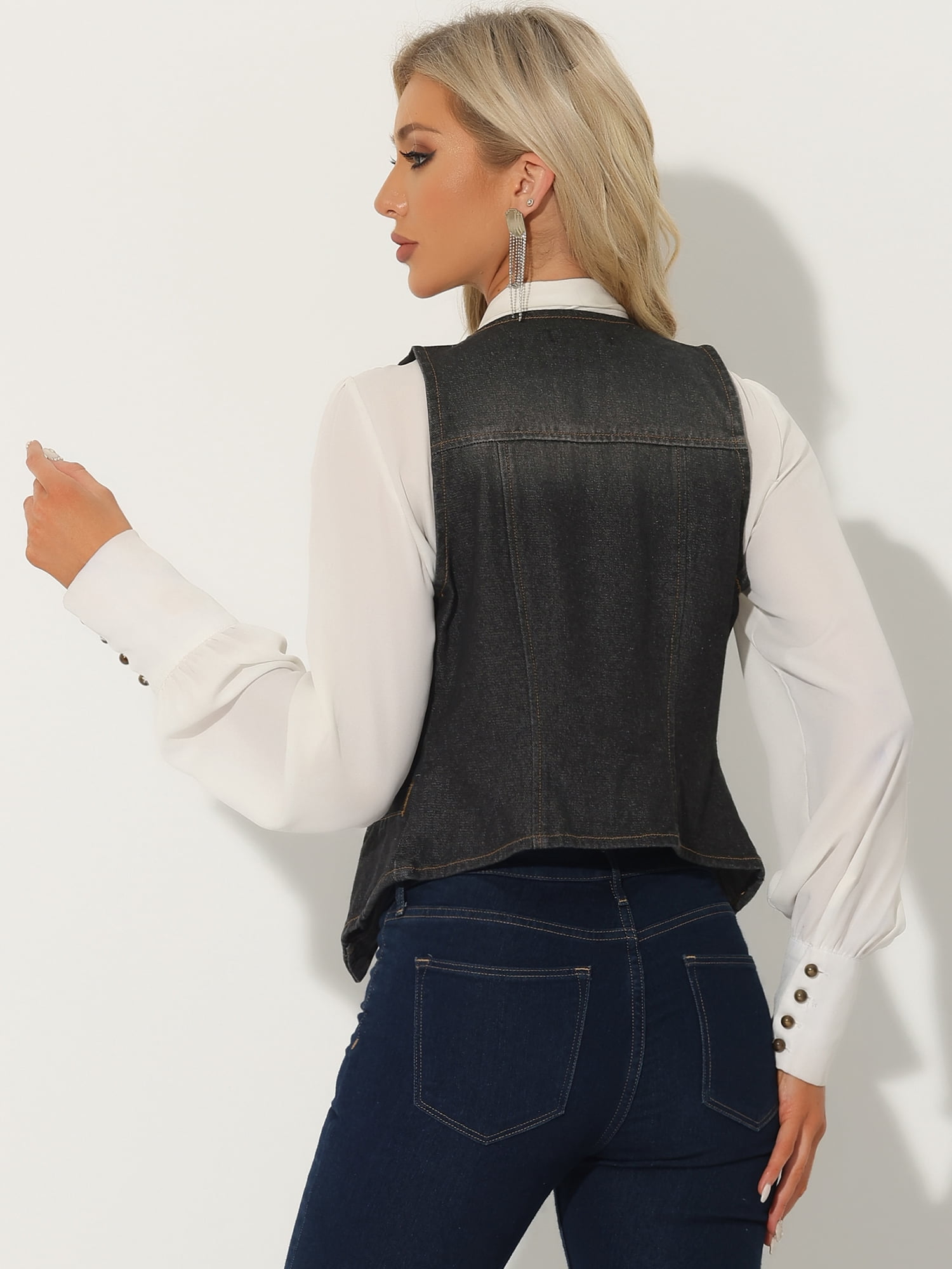DARING DIVA Women's Denim Vest Washed Distressed Jean Jacket L Black