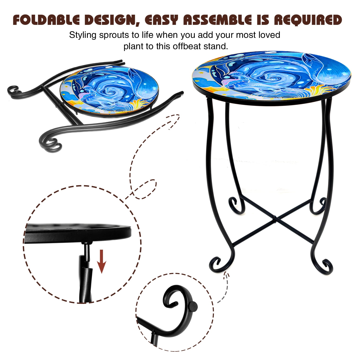 Haibin Outdoor Side Table, 15 inch high Small Patio Outdoor Table Indoor Folding Round End Table with Plant Stand for Bistro Balcony Garden