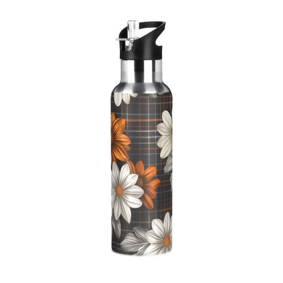 Yayeee 20oz Insulated Water Bottle Double Wall Stainless Steel with Flip Straw Lid, Black Plaid Floral