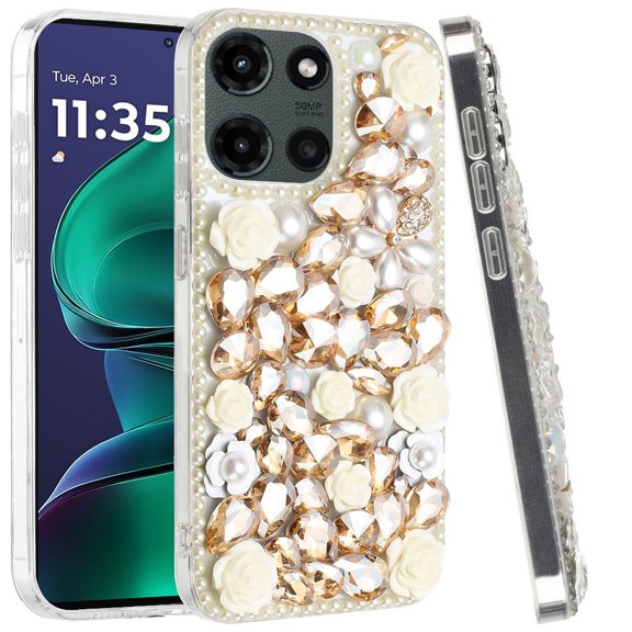 XPM for Motorola Moto G Stylus 5G 2025 Fashion Rose Flower Floral Bling Crystal 3D Full Diamonds Pearl Sparkle Rhinestone Glitter Hybrid Phone Case Cover (Yellow)