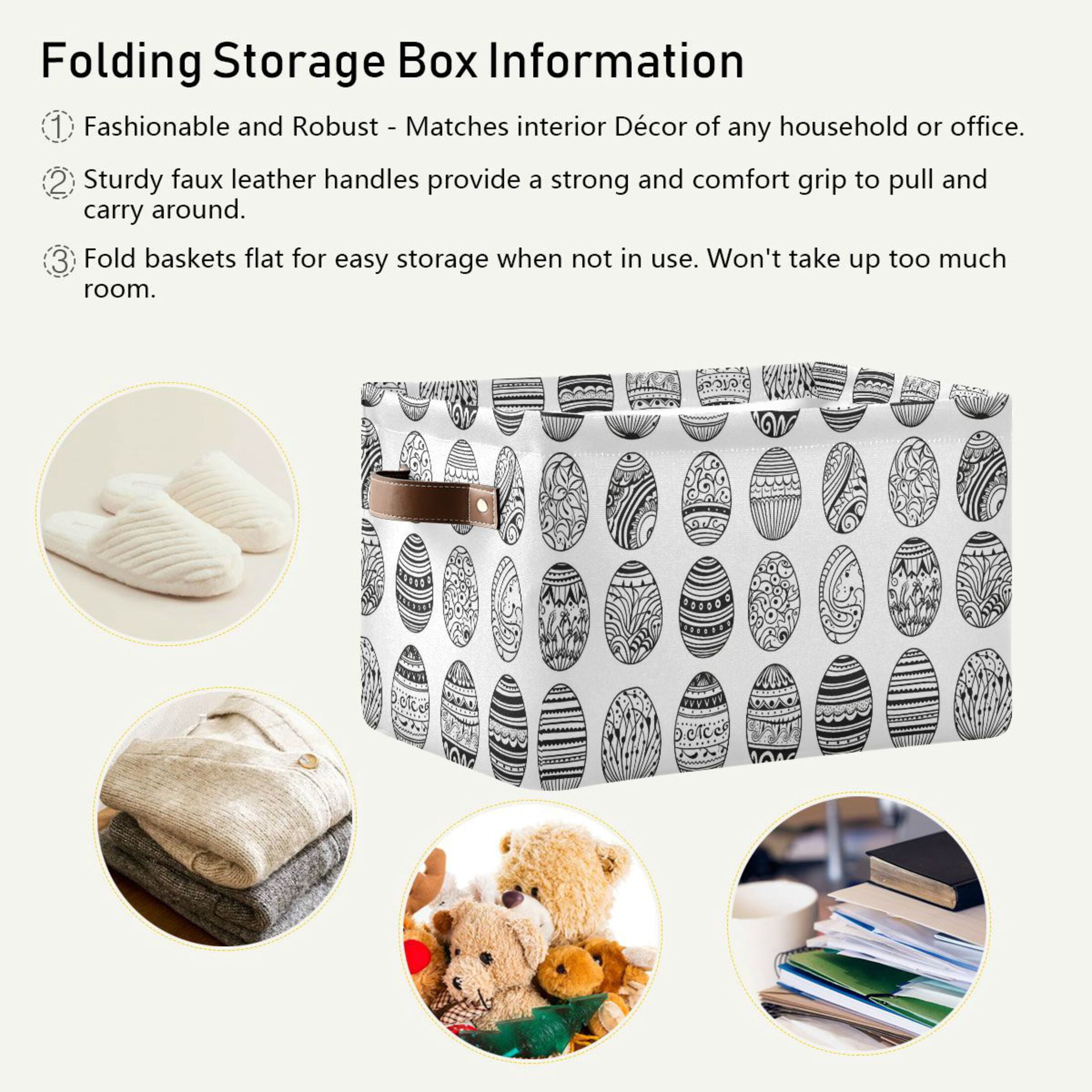 Hand Drawn Easter Eggs Storage Bins with Handle Fabric Organizer Basket Foldable Box 2 Pack 14.2x10.2x8.3