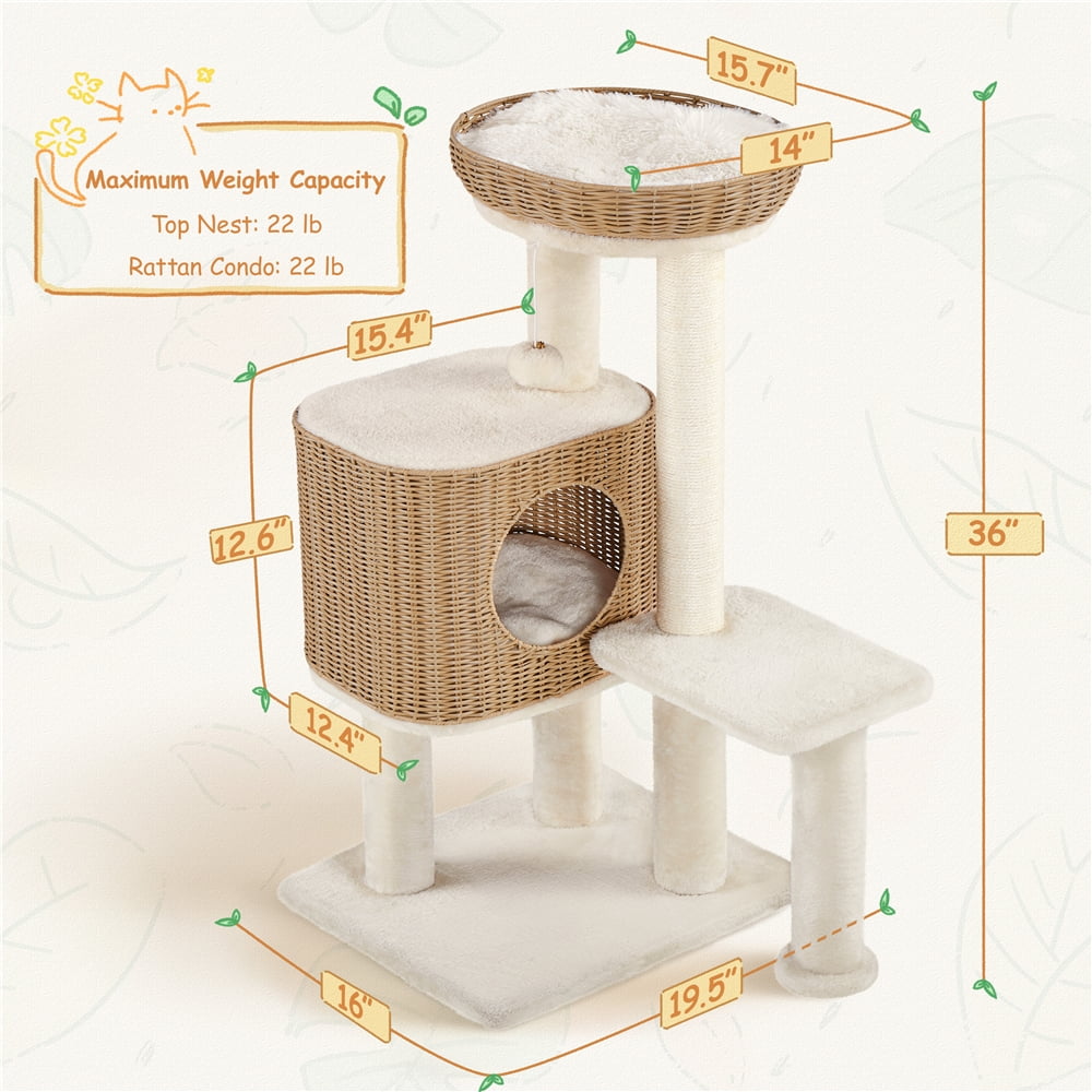 Yaheetech 35.8" Tall Rattan Cat Tree with Woven Condo and Nest, Beige
