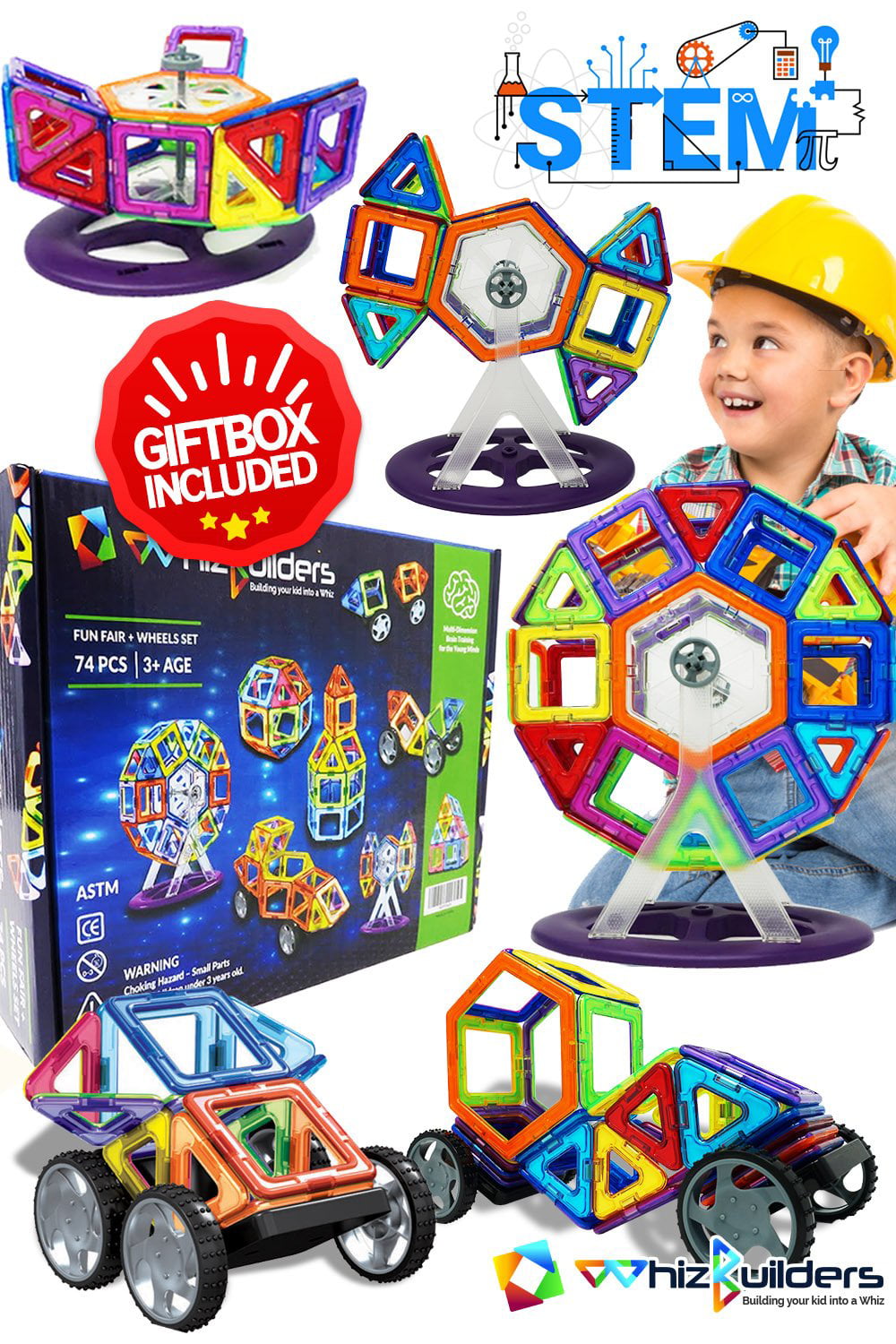 Magnetic Building Blocks Toys Set - Tiles Block Toy Kit for Kids - STEM Educational Construction Stacking Shapes - Ferris Wheel and Vehicle Set - 74 Pieces