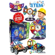 Angle View: Magnetic Building Blocks Toys Set - Tiles Block Toy Kit for Kids - STEM Educational Construction Stacking Shapes - Ferris Wheel and Vehicle Set - 74 Pieces