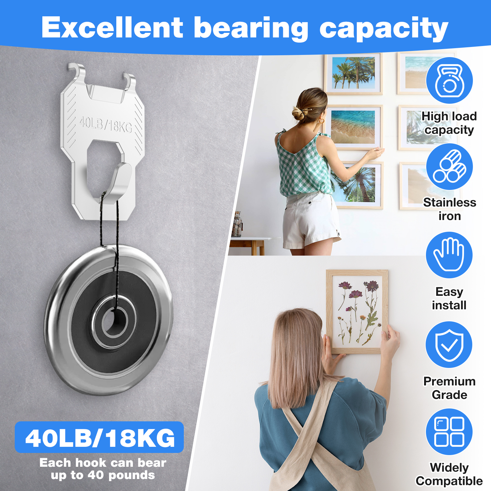 TMWEFUSC 60Pcs Claw Drywall Picture Hanger, Wall Picture Hanging Hooks Heavy Duty Picture Frame Hooks Kit Stainless Steel Mirror Hanger Hold Up to 40 lb for Photo Poster Decor
