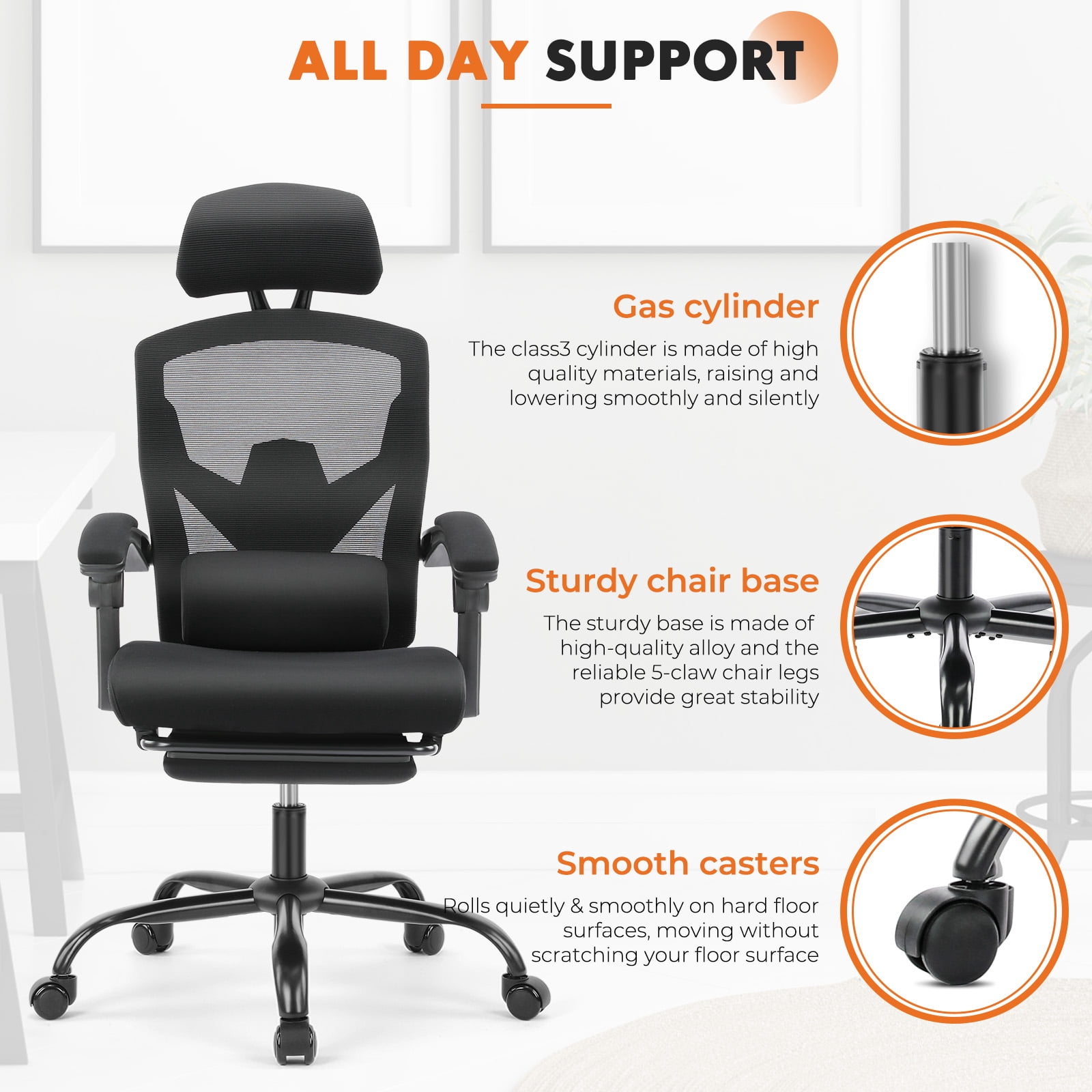 CONCETTA Ergonomic Mesh Office Chair, High Back Swivel Chairs with Adjustable Lumbar Support, Headrest, Footrest, and Armrests, Black