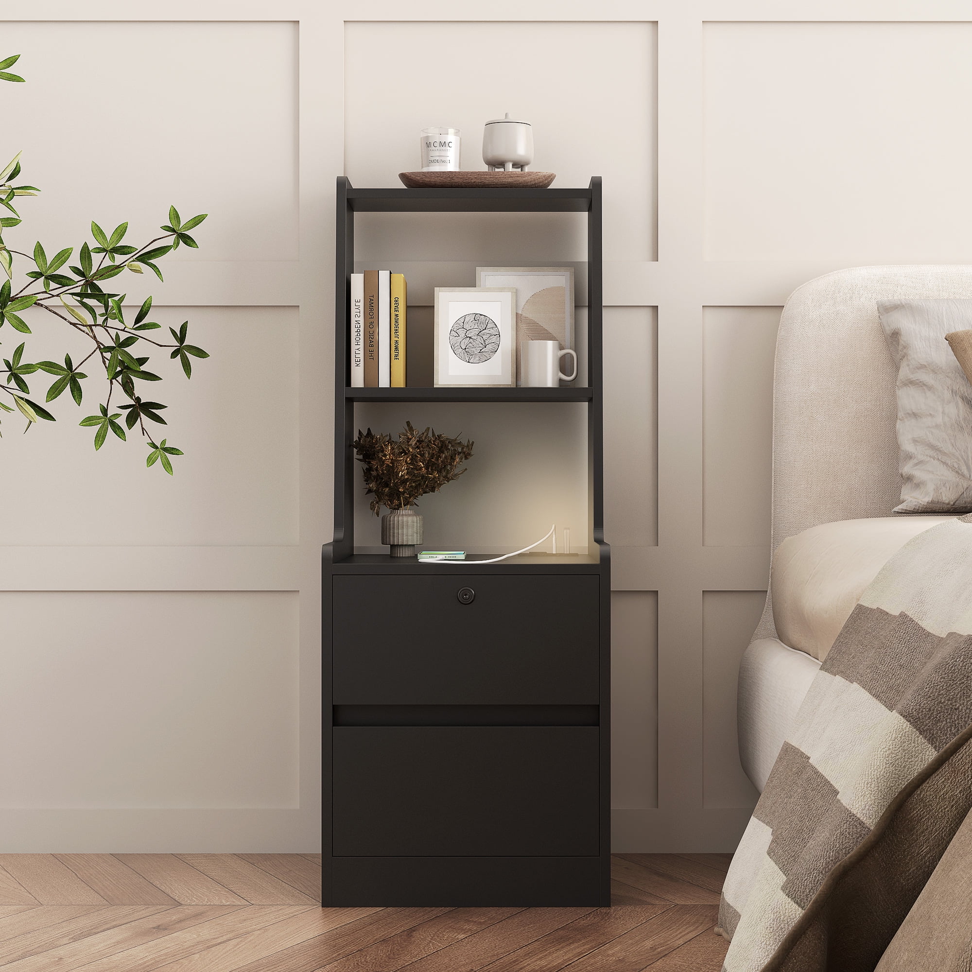 Yoneston Stoage Nightstand with Charging Station and Removable Smart LED Night Light, Modern Tall Bedside Table with Open Shelves and Drawers, Black