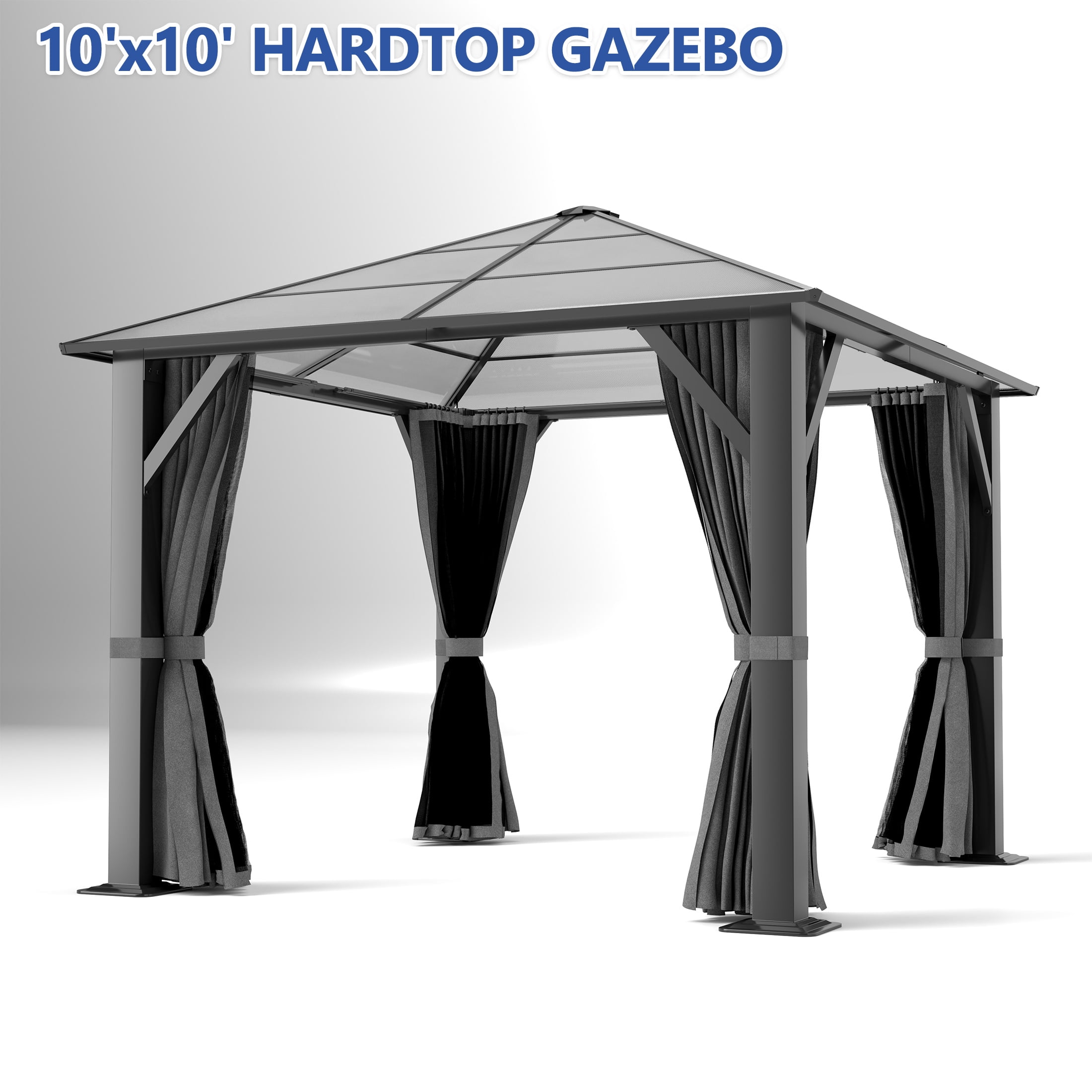 Howsvn 10' x 10' Hardtop Gazebo, Outdoor Polycarbonate Roof Gazebo with Steel Frame, Permanent Pavilion with Netting& Curtains