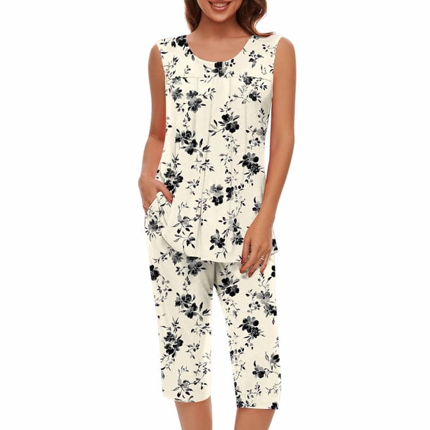 Conjunto de Verano para las Mujeres Impreso Cuello Redondo sin Mangas Y Pantalones, Casual Dos Piezas para las Mujeres