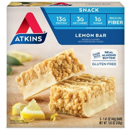 Atkins Lemon Flavored Snack Bar, High Protein Bar, Low Sugar and Low Carb, Keto Friendly Snack, High in Fiber, Gluten Free, Made with Real Almond Butter, 5 Count