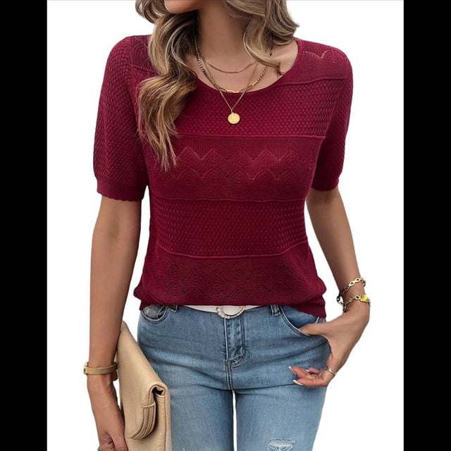 Suéter de Corta para Mujer, Blusa Informal de Cuello Redondo de Punto Acanalado con Ojales, -Verano 2025. Vino Tinto XL