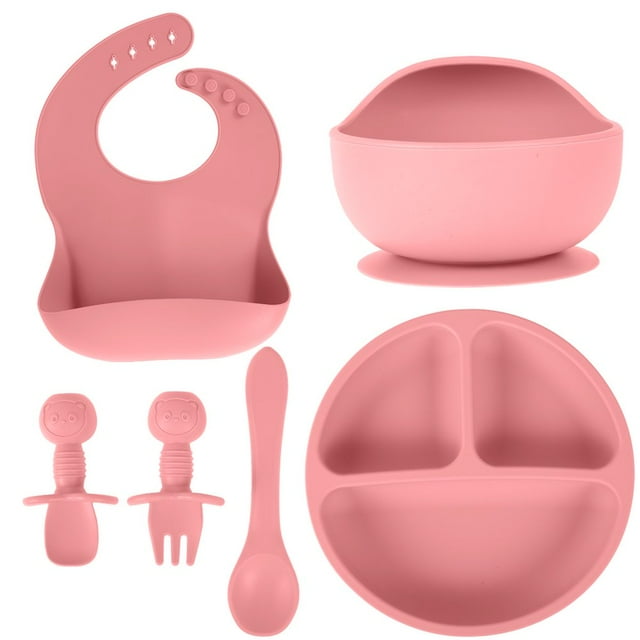 EASTIN 6pcs Baby Feeding Set BPA Free Silicone Suction Bowl & Plate Spoon fork Silicone Adjustable Bib Non-Slip Baby Weaning Set Baby Tableware Set Baby Eating Supplies Suitable for