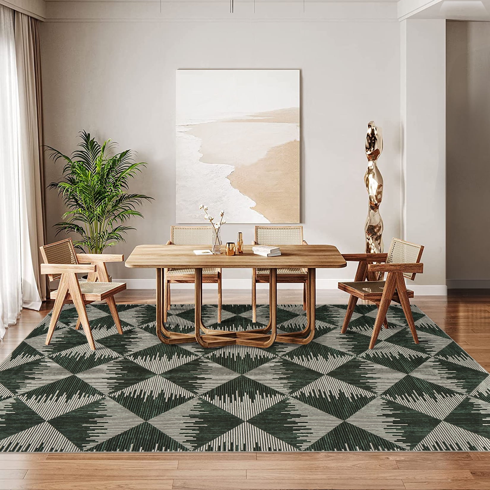 10x13 Washable Area Rugs for Living Room Non Slip Low Pile Modern Geometric Farmhouse Dining Room Carpets for Bedroom Dorm Green