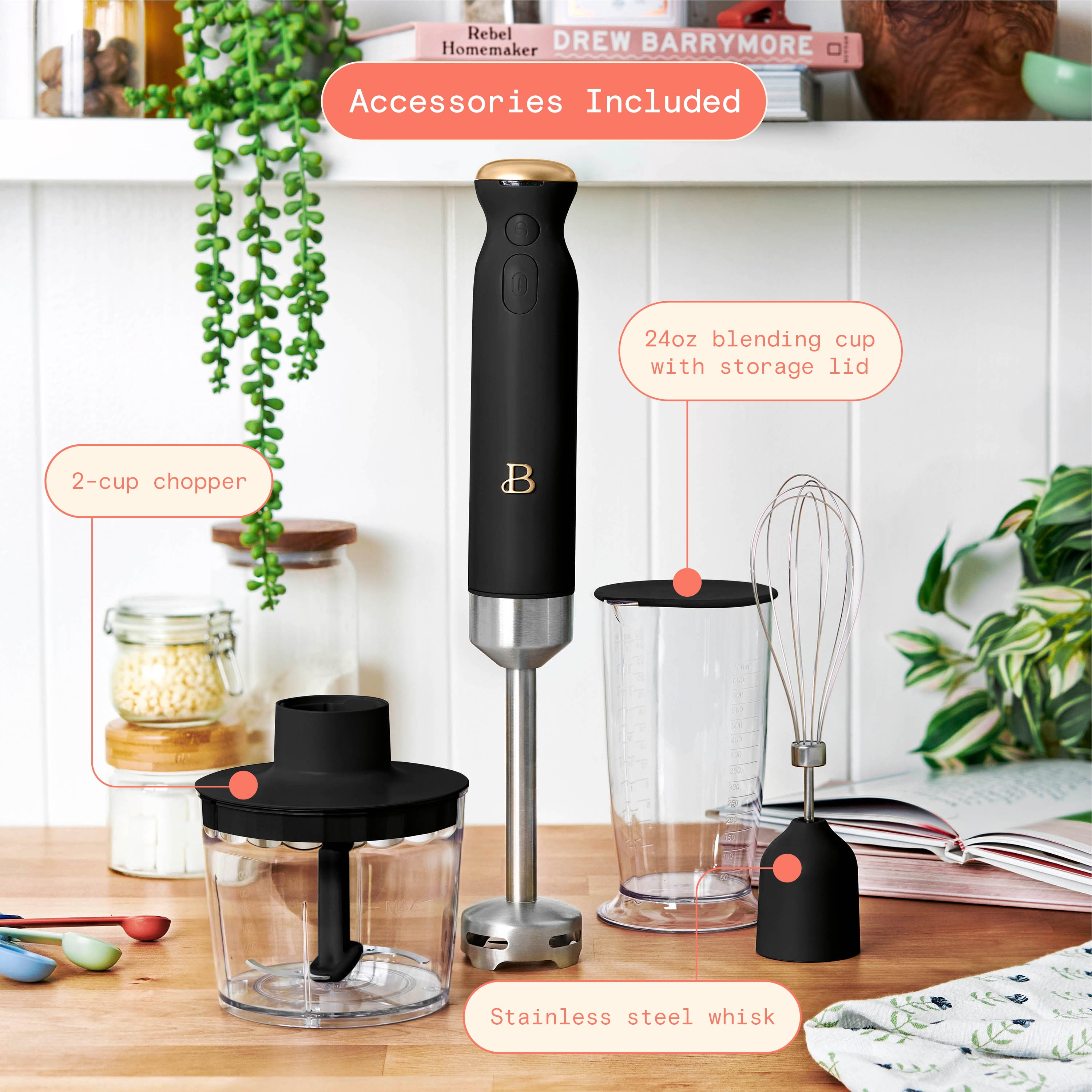 Beautiful Cordless Immersion Blender with Chopper, Whisk & Measuring Cup, Black Sesame by Drew Barrymore