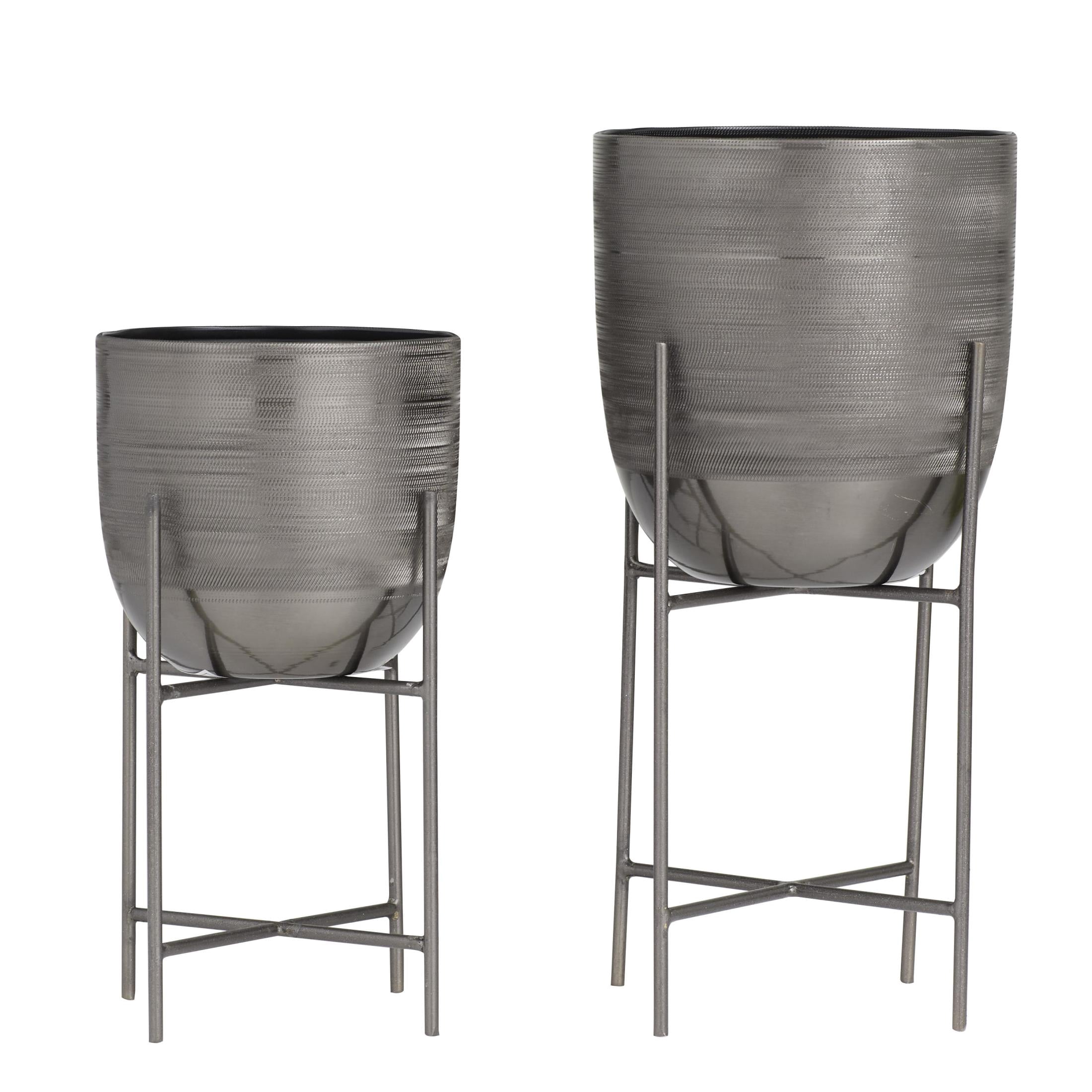 DecMode 12", 9"H Small Brushed Dome Gray Metal Planter with Removable Stand (2 Count)