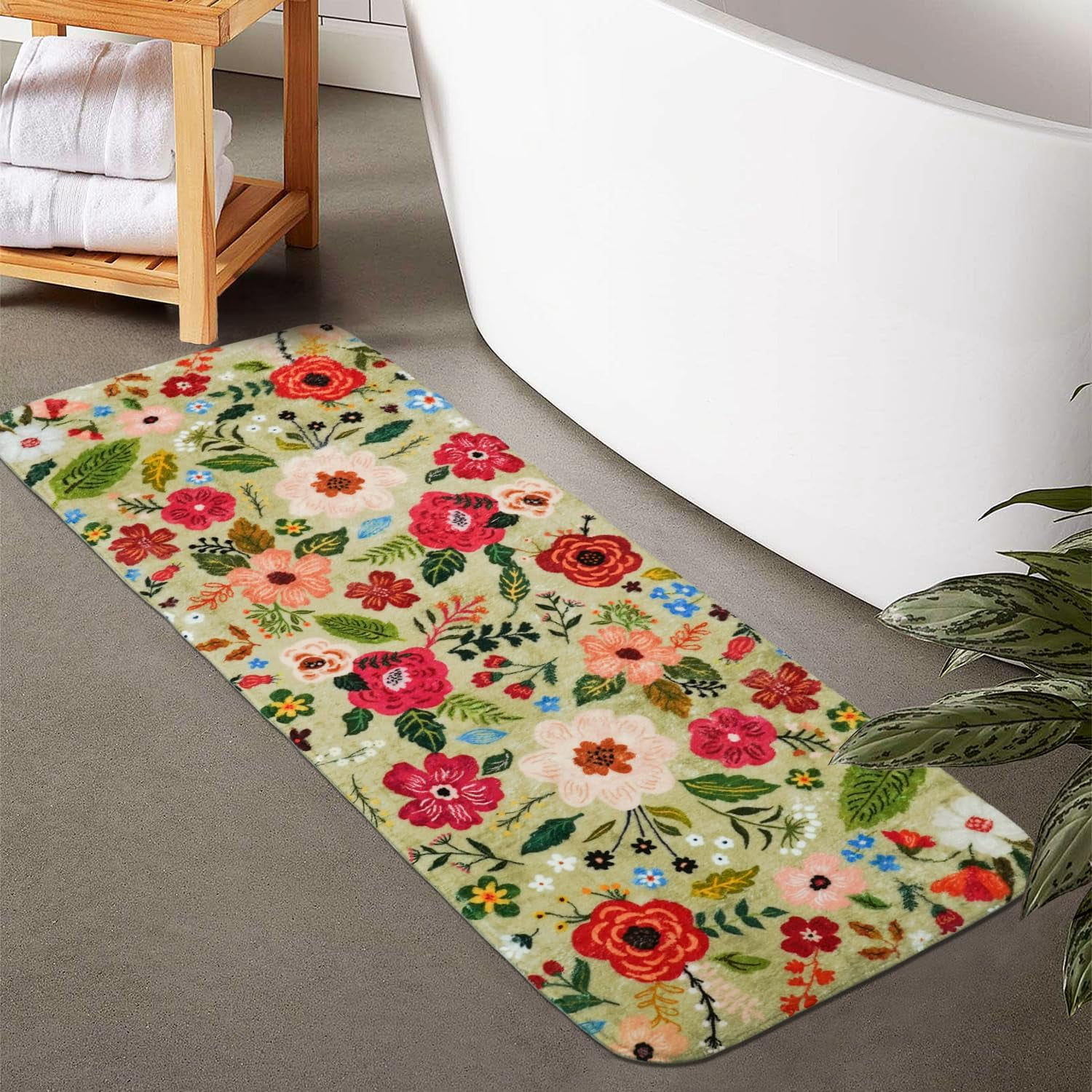 Floral Bathroom Rugs Green Runner Rug, Long Large Bathroom Rugs Washable Non Slip, Cute Flower Bath Mat for Tub Shower