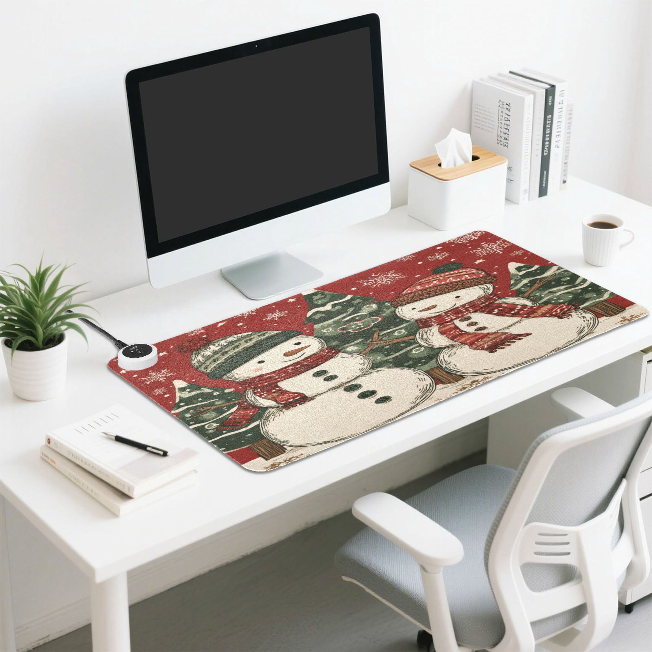 Wobogo Snowman Twins Heated Mouse Pad Extra-Large Desk Mat With 3 Heating Levels and 3-hour Auto Shut-Off Protection Ideal for Computer Keyboards Home Office Hand-warming Essential 31.5in × 13in