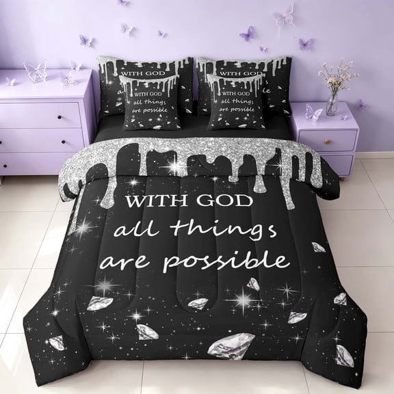 Homewish Glitter Ice Cream Drip Twin Bedding for Girls, With God All Things Are Possible Print Bedding Comforter Set, Gray Black, Black Reversible, 7 Pieces