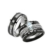 Her and His 4pc Black Stainless Steel and Titanium Wedding Engagement Ring Band Set Size Women's 10 Men's 12