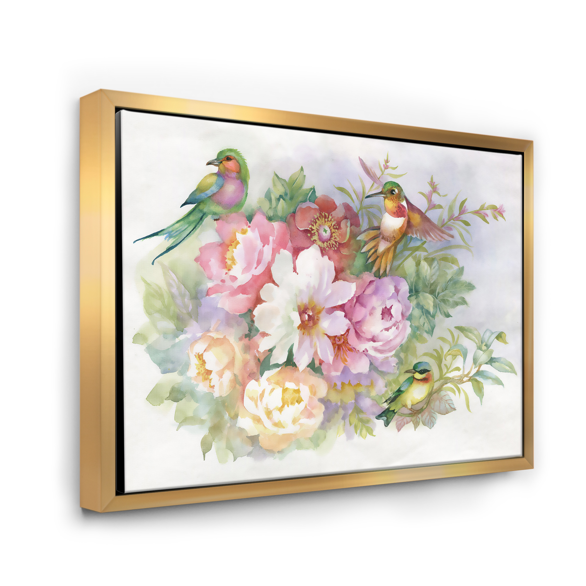 Colourful Birds and Vibrant VIntage Flowers 40 in x 30 in Framed Painting Canvas Art Print, by Designart
