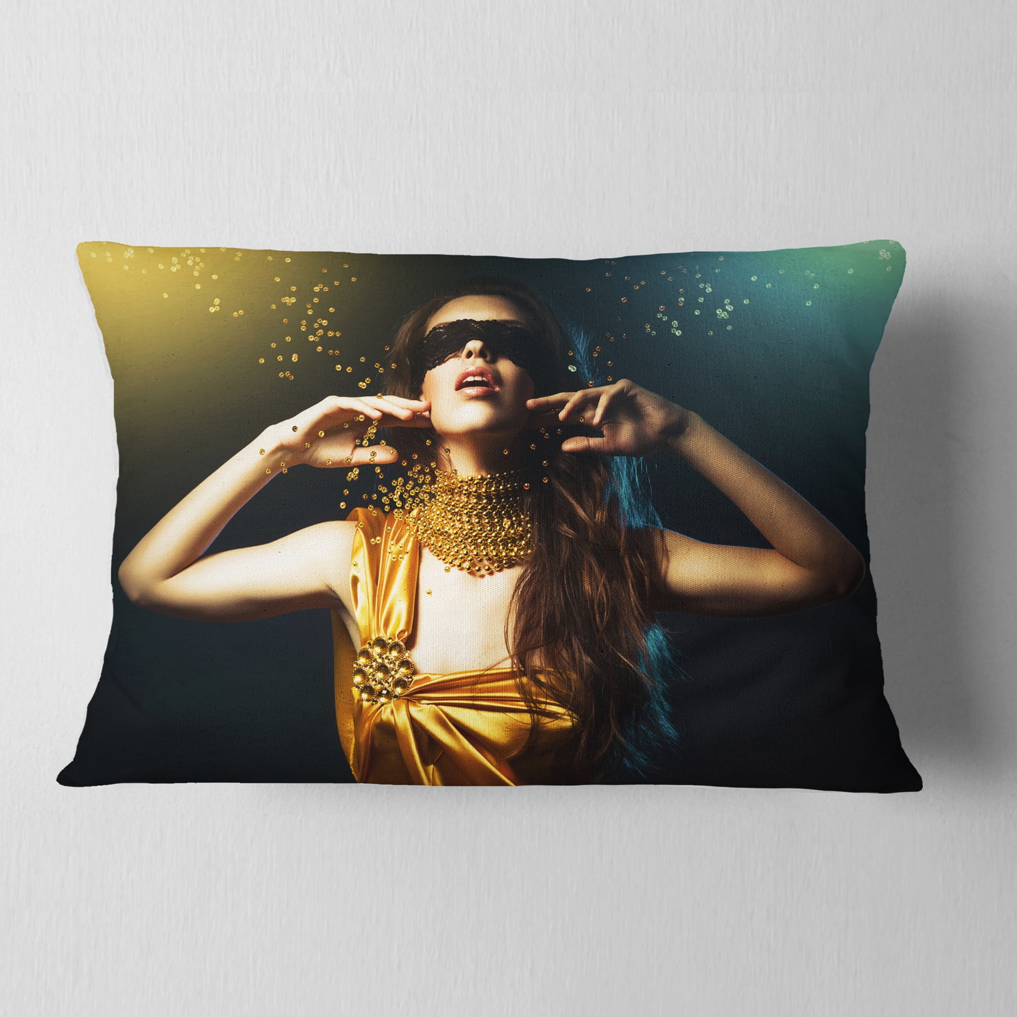 Designart Woman in Yellow with Mask - Portrait Throw Pillow - 12x20