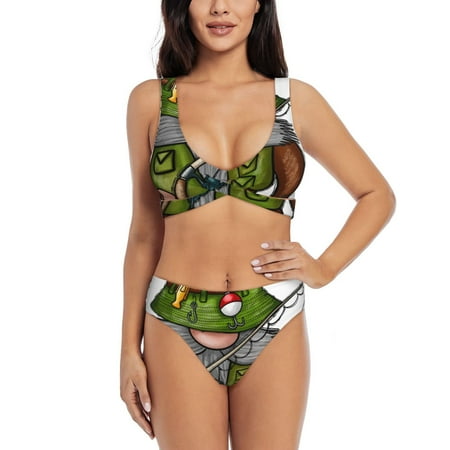 Zeuib Fishing Gnome High Waisted Tummy Control Bikini Set - Knot Front Push Up Top & Cheeky Thong Bottom  Two-Piece Swimsuit for Women-Large