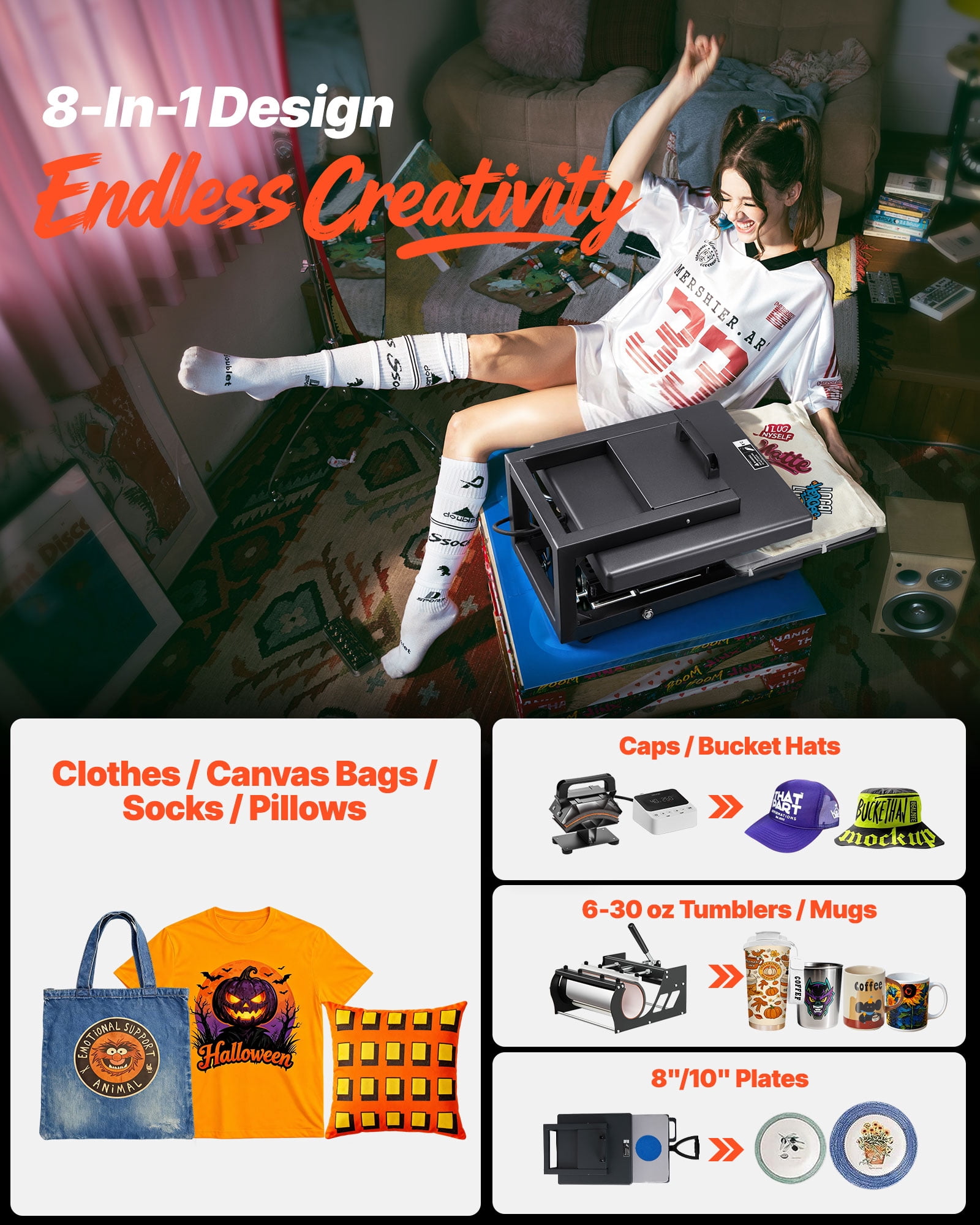 VEVOR Hybrid Heat Press, 15 x 15 inch, 8-in-1 Multifunction, Heat Up Fast and Even, All-New Patented Design, Easy to Control, Sublimation Press Machine for T-shirts/Mugs/Tumblers/Caps/Plates, Black