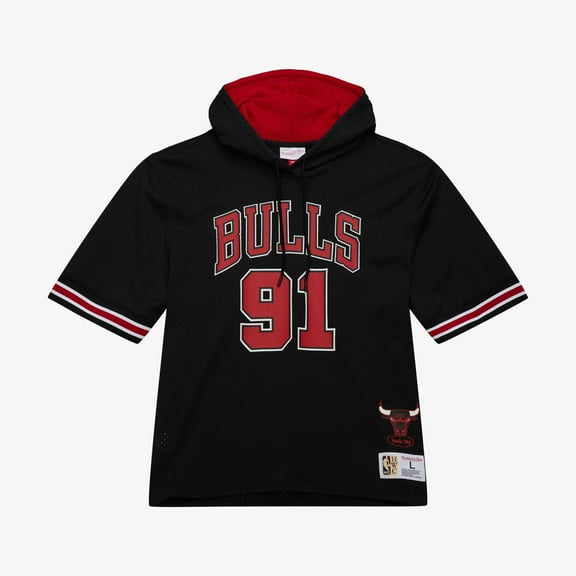 Men's Mitchell & Ness Dennis Rodman Black Chicago Bulls Mesh Name & Number Short Sleeve Hoodie