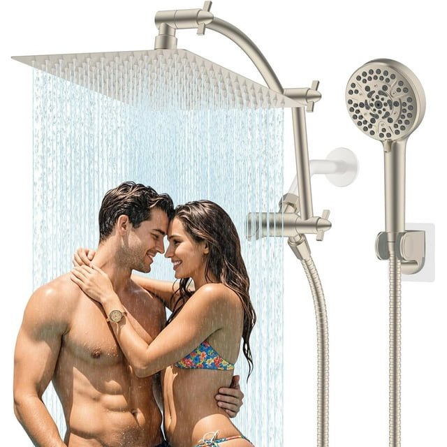 Pommeau de Douche Tout en Métal ‘‘ Pommeau de Douche Haute Pression Pluie / Combo Pommeau de Douche à Main avec ‘‘ Bras Extensible Réglable en Arc ‘‘ Support de Pommeau de Douche Adhésif Chrom