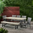 thumbnail image 3 of GDF Studio Tahiti Outdoor Acacia Wood and Wicker 7 Piece Dining Set with Bench, Sandblasted Light Gray, Black, and Gray, 3 of 13