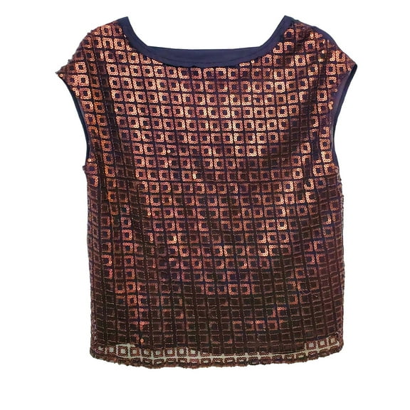 Ellen Tracy Bronze Sequined, Sheer, Boat Neck, Open Back Blouse, Women's XS