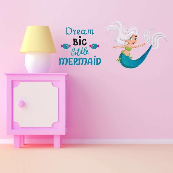 Dream Big Little Mermaid Teal Colorful Fish Salt Water Princess Creatures Seahorse Queen Sweet Dreams Bedtime Unicorn Lovely Dear Dream Decorating Wall Decal Sticker - Size: 20 In X 8 In